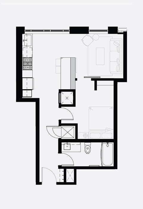 Floor plan for 1 bed, 1 bath, 555 sqft